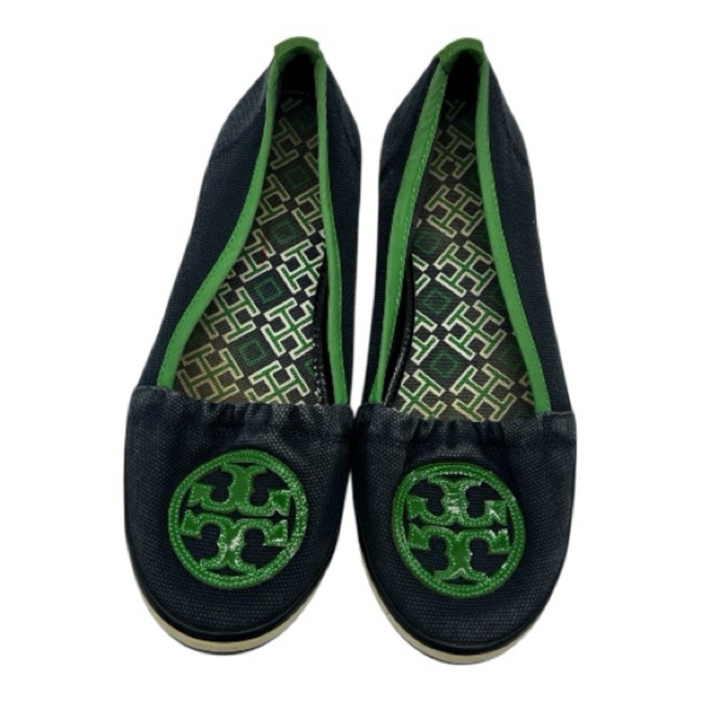 Tory Burch Navy Blue Slip alb Loafers w/ Green Logo 8.5